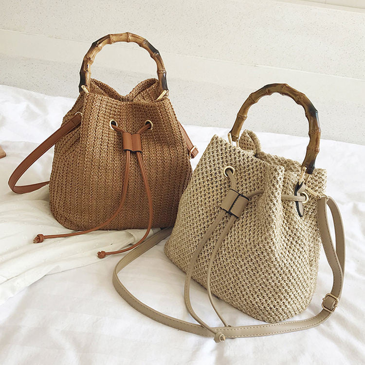 Handwoven Bucket Bag Drawstring Shoulder Bag Tote Handbag Purse With Bamboo Handle