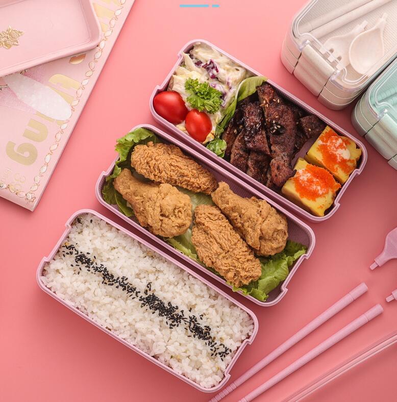 Wheat Straw Three Layer Bento Style Lunch Box With Cutleries