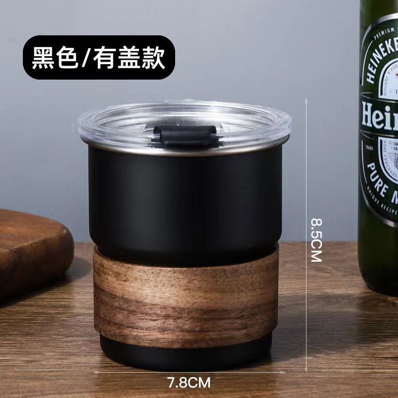 Stainless Steel Coffee Cup With Lid With Wooden Waist And Cap