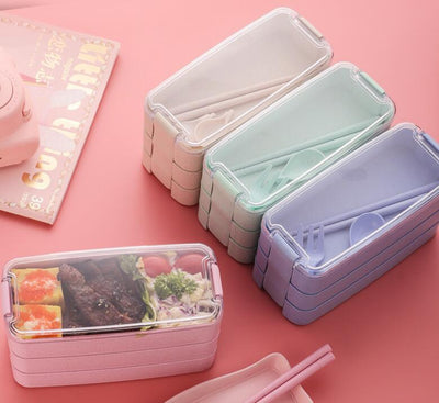 Wheat Straw Three Layer Bento Style Lunch Box With Cutleries