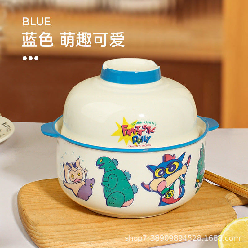 Noodle Bowl With Lid Cutlery Cute Cartoon Microwave Special Large Capacity High Value Ceramic Bowl Blue 700Ml