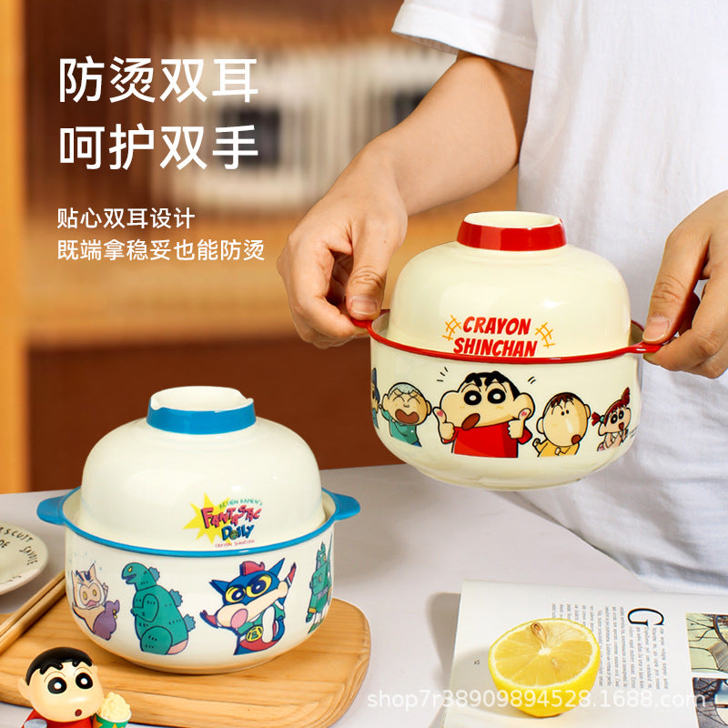 Noodle Bowl With Lid Cutlery Cute Cartoon Microwave Special Large Capacity High Value Ceramic Bowl Blue 700Ml