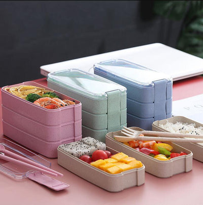 Wheat Straw Three Layer Bento Style Lunch Box With Cutleries