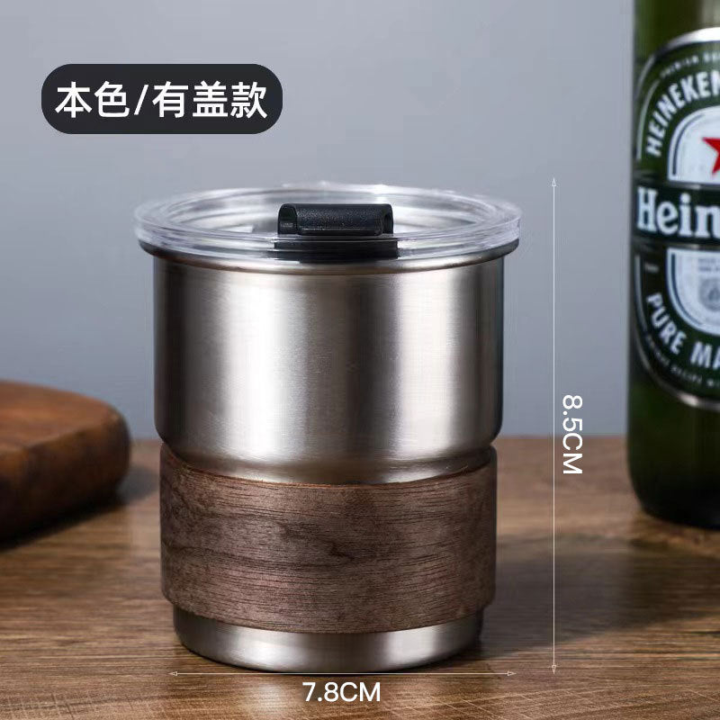 Stainless Steel Coffee Cup With Lid With Wooden Waist And Cap