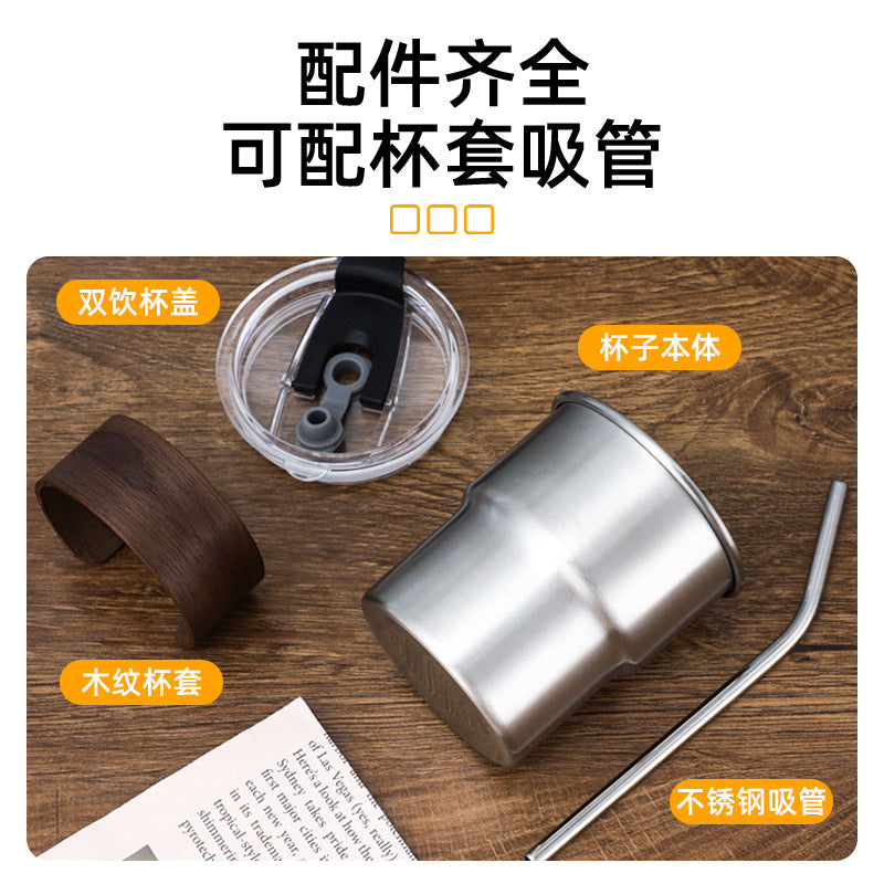 Stainless Steel Coffee Cup With Lid With Wooden Waist And Cap