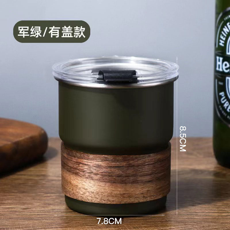 Stainless Steel Coffee Cup With Lid With Wooden Waist And Cap