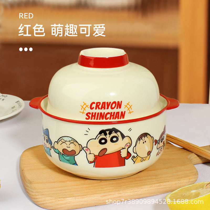 Noodle Bowl With Lid Cutlery Cute Cartoon Microwave Special Large Capacity High Value Ceramic Bowl Blue 700Ml